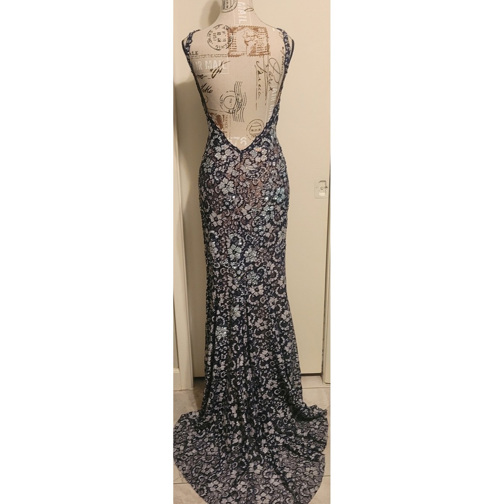 Jovani Navy Blue Lace Open Back Mermaid Prom Gown Silver Rhinestones Fitted sz 4 - Picture 4 of 16